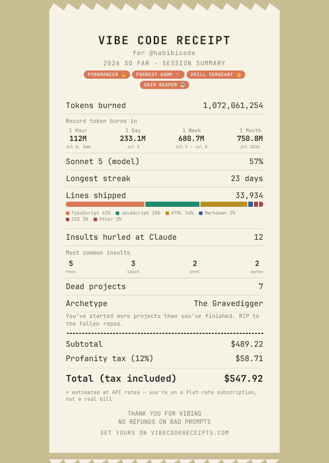 Example Vibe Code Receipt card